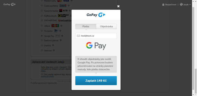 Google Pay v objednávce přes FAPI