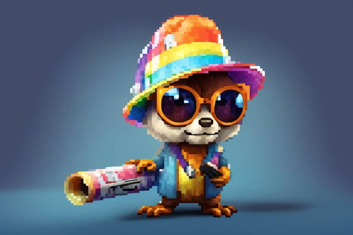 A sleek, smart looking chipmonk with futuristic hat, monocular and rainbow coloured tshirt. In a hand it is holding a roll of papermoney. Pixelate the result as a 70x50 px image.