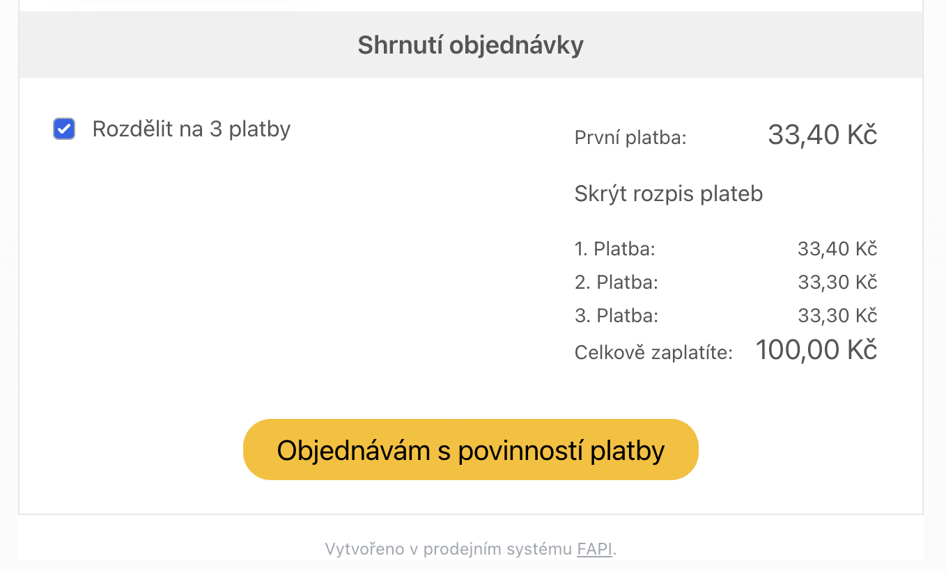 Přehled splátek v prodejním formuláři.