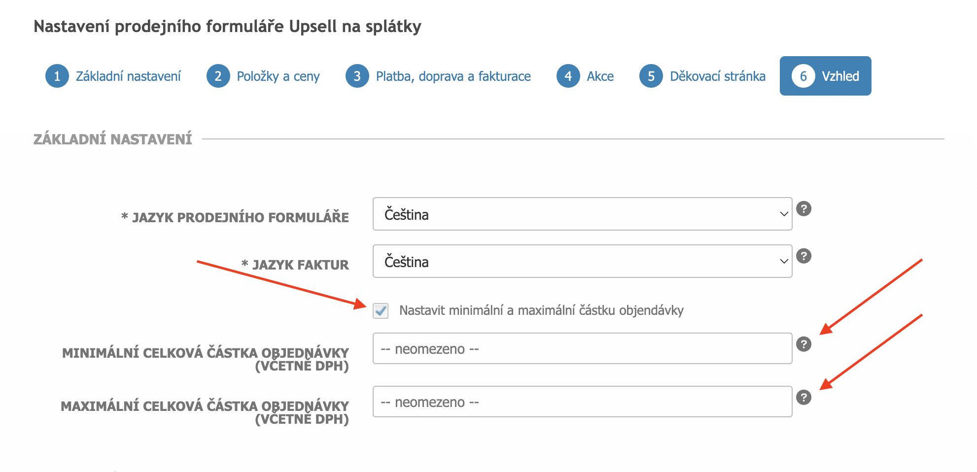 Jak nastavit minimální a maximální hodnotu objednávky v prodejním formuláři.