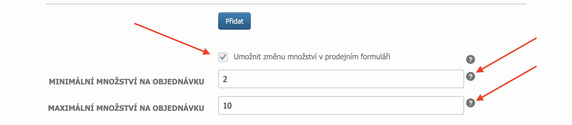 Jak nastavit minimální a maximální počet kusů produktu na jednu objednávku.