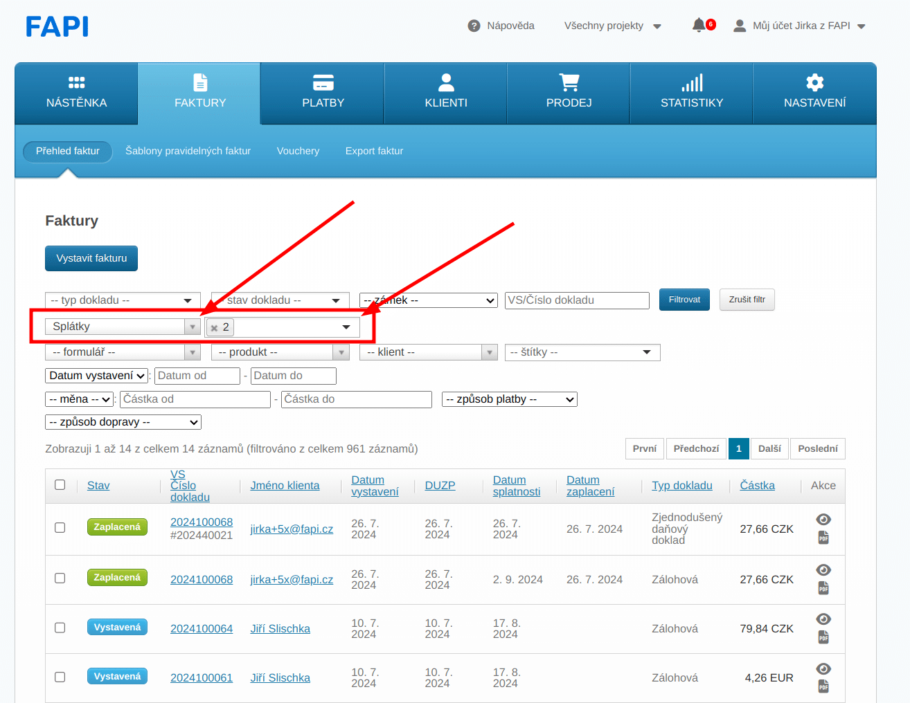 Jak filtrovat splátkové faktury v přehledu faktur.