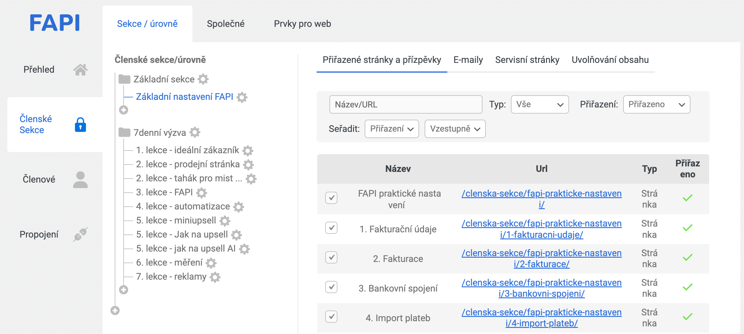 FAPI Member - přiřazení stránek do členské sekce/úrovně