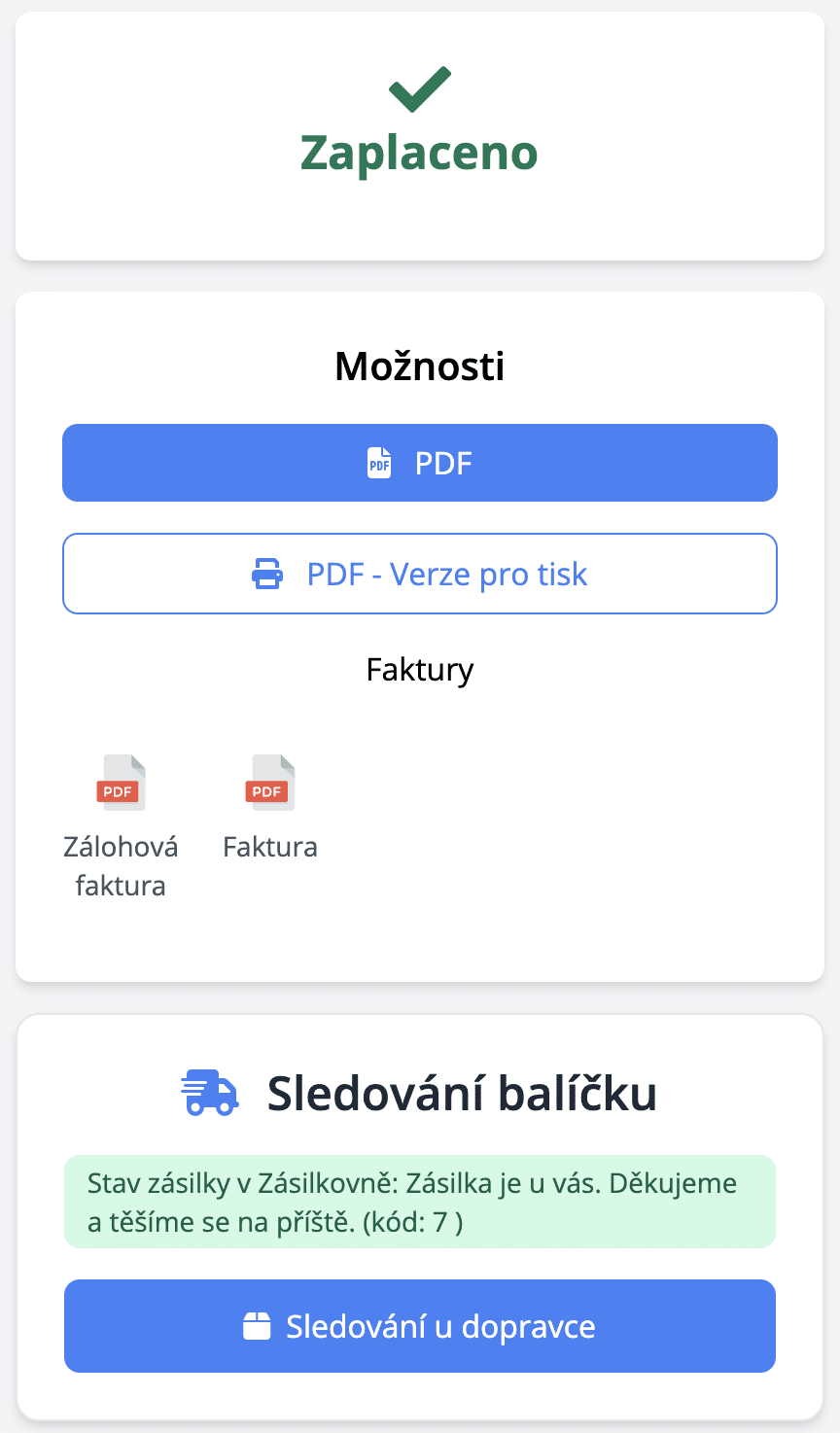 Ukázka části přehledové stránky objednávky se stavem balíčku + odkaz na dopravce s přesnou polohou.
